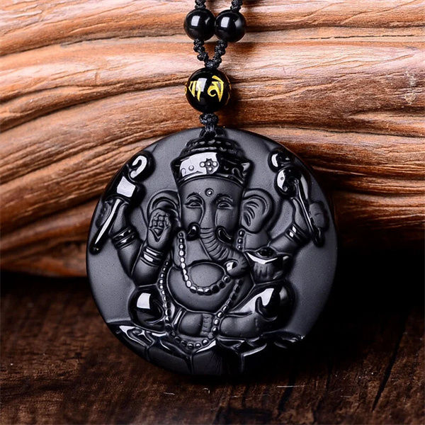 Ganesh Elephant Black Obsidian Necklace - Amulet Lucky Pendants