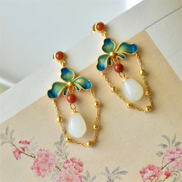 Chinese Feng Shui Ename Flower Earrings - Hetian Jade & Warm