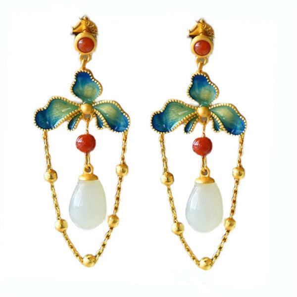 Chinese Feng Shui Ename Flower Earrings - Hetian Jade & Warm
