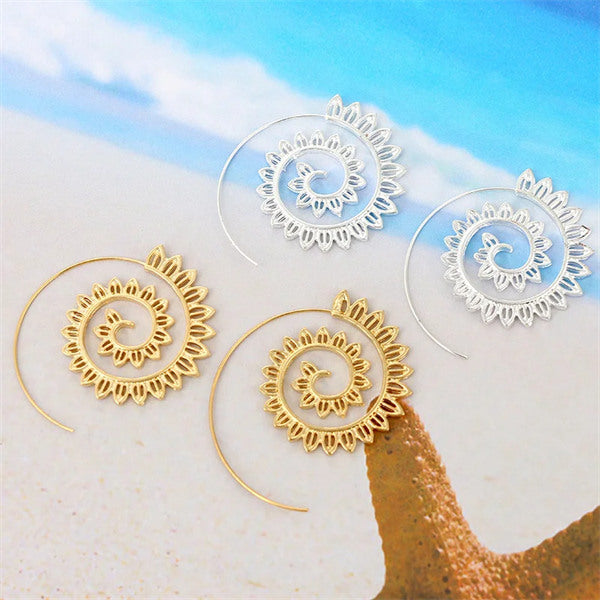 Gold Round Earrings Spiral Hippie Hoops - Positive Energy Healing