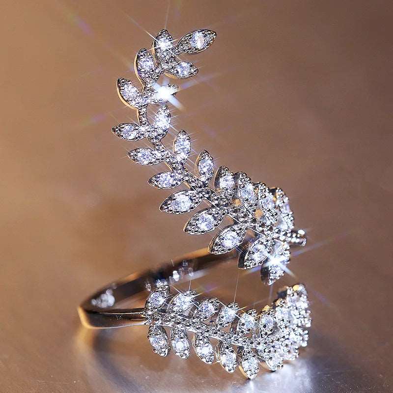 Silver Elegant Leaf Open End Girls Cocktail Party Rings