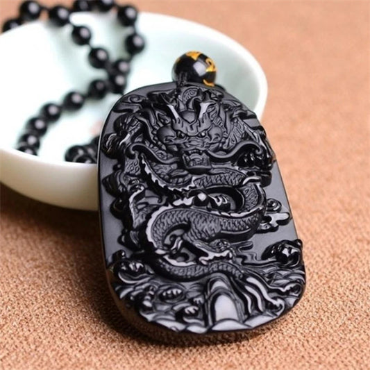 Obsidian Dragon Pendant Zodiac Necklace - Lucky, Success, Health