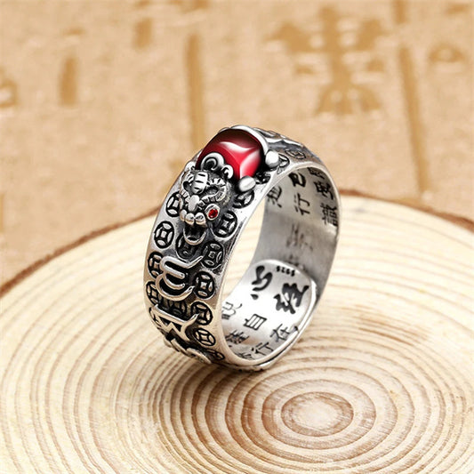 Pixiu Natural Garnet Ring - Good Luck Feng Shui Wealth Ring