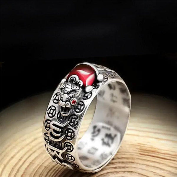 Pixiu Natural Garnet Ring - Good Luck Feng Shui Wealth Ring